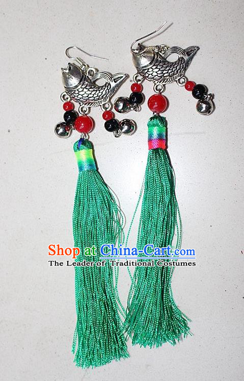 Traditional Chinese Miao Nationality Crafts Jewelry Accessory Classical Earbob Accessories, Hmong Handmade Miao Silver Fish Palace Lady Green Silk Tassel Earrings, Miao Ethnic Minority Eardrop for Women