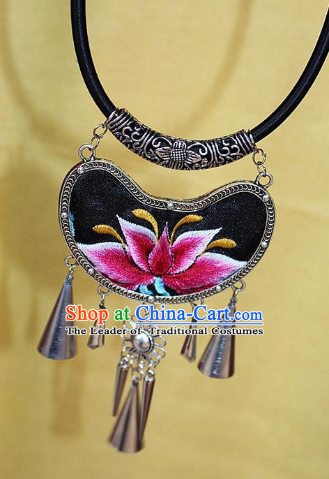 Traditional Chinese Miao Nationality Crafts Jewelry Accessory, Hmong Handmade Miao Silver Embroidery Bells Tassel Pendant, Miao Ethnic Minority Bells Necklace Accessories Sweater Chain Pendant for Women