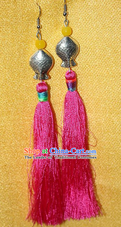 Traditional Chinese Miao Nationality Crafts Jewelry Accessory Classical Earbob Accessories, Hmong Handmade Miao Silver Kiss Fish Palace Lady Pink Silk Tassel Earrings, Miao Ethnic Minority Eardrop for Women