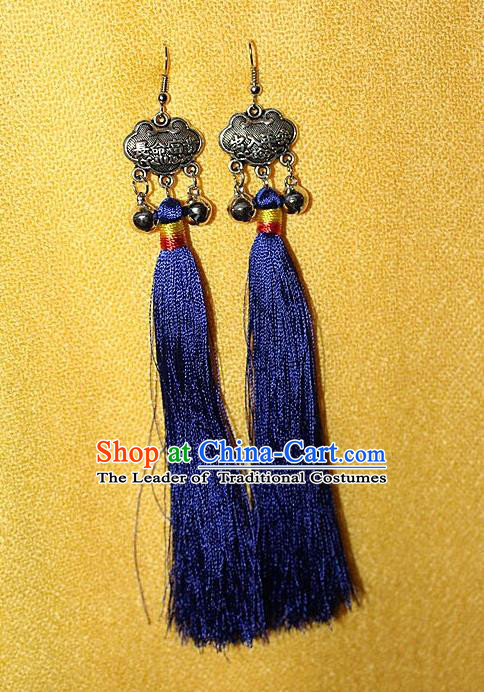 Traditional Chinese Miao Nationality Crafts Jewelry Accessory Classical Earbob Accessories, Hmong Handmade Miao Silver Longevity Lock Palace Lady Royalblue Silk Tassel Earrings, Miao Ethnic Minority Eardrop for Women