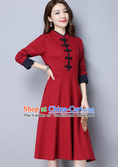 Traditional Ancient Chinese National Costume, Elegant Hanfu Stand Collar Plated Buttons Red Dress, China Tang Suit Cheongsam Dress Upper Outer Garment Dress Clothing for Women