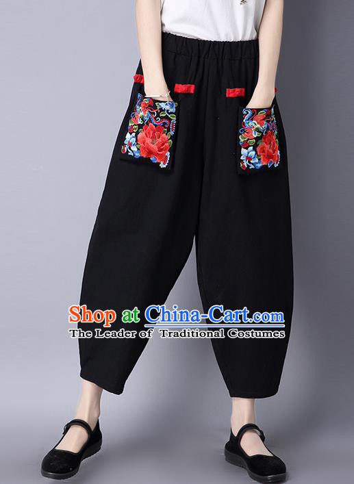 Traditional Ancient Chinese National Costume Loose Pants, Elegant Hanfu Embroidery Peony Pants, China Tang Suit Black Wide Leg Pants for Women