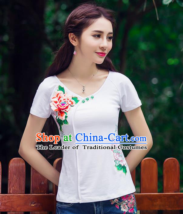 Traditional Ancient Chinese National Costume, Elegant Hanfu Embroidery Peony Flowers White Shirt, China Tang Suit Blouse Cheongsam Upper Outer Garment Qipao Shirts Clothing for Women