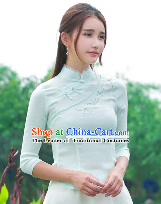 Traditional Ancient Chinese National Costume, Elegant Hanfu Embroidered Flowers Light Green Shirt, China Tang Suit Mandarin Collar Blouse Cheongsam Qipao Shirts Clothing for Women