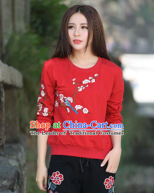 Traditional Ancient Chinese National Costume, Elegant Hanfu Embroidery Flowers Bird Fleece Shirt, China Tang Suit Blouse Cheongsam Upper Outer Garment Red T-Shirts Clothing for Women