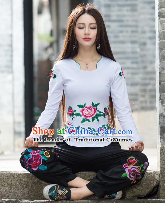 Traditional Ancient Chinese National Costume, Elegant Hanfu Embroidery Peony Flowers T-Shirt, China Tang Suit Blouse Cheongsam Upper Outer Garment White T-Shirts Clothing for Women