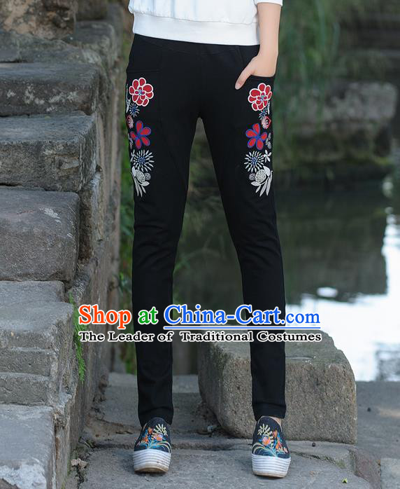 Traditional Ancient Chinese National Costume Casual Pants, Elegant Hanfu Embroidered Pants, China Tang Suit Black Trousers for Women