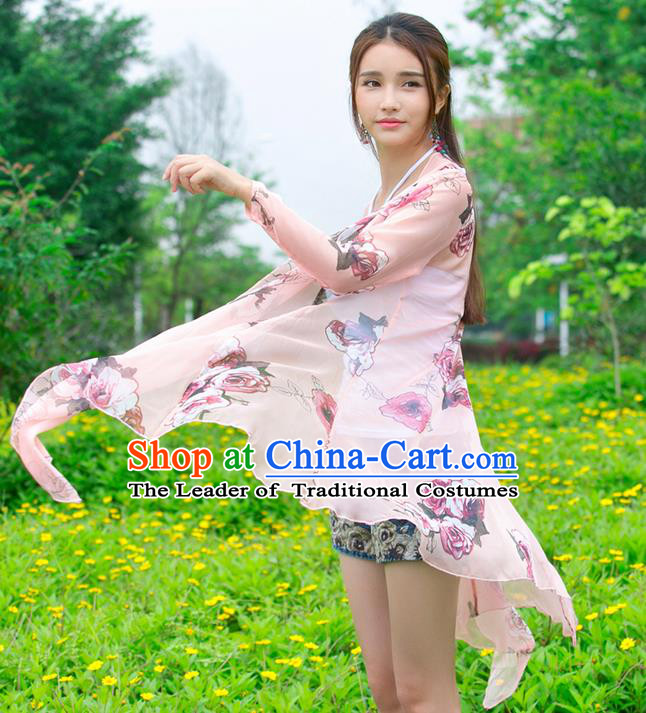 Traditional Ancient Chinese National Costume, Elegant Hanfu Cardigan Coat, China Tang Suit Printing Cape, Upper Outer Garment Cloak Clothing for Women