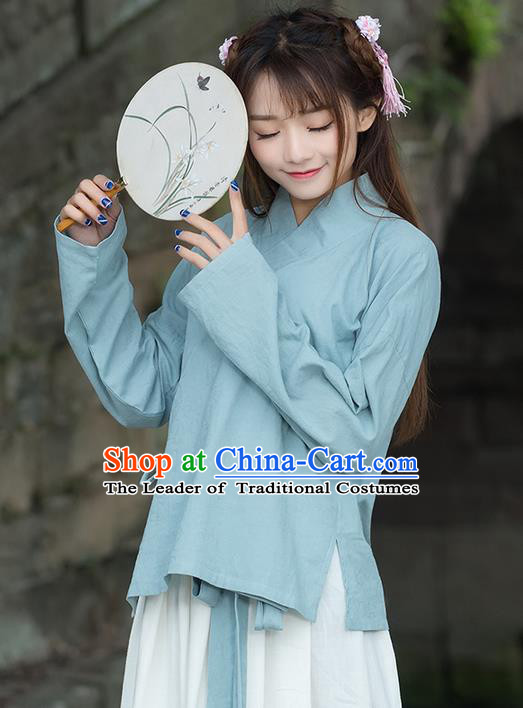 Traditional Ancient Chinese National Costume, Elegant Hanfu Linen Blue Shirt, China Ming Dynasty Tang Suit Blouse Cheongsam Qipao Shirts Clothing for Women