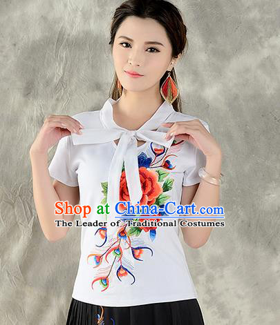 Traditional Ancient Chinese National Costume, Elegant Hanfu Embroidered Peony Halter Tops White T-Shirt, China Tang Suit Short Sleeve Blouse Cheongsam Qipao Shirts Clothing for Women