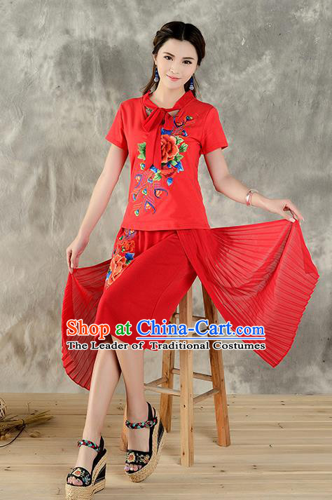 Traditional Ancient Chinese National Costume, Elegant Hanfu Embroidered Peony Halter Tops Red T-Shirt, China Tang Suit Short Sleeve Blouse Cheongsam Qipao Shirts Clothing for Women