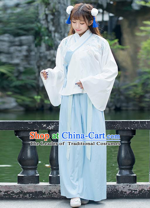 Traditional Chinese Ancient Costume, Elegant Hanfu Clothing Embroidered Sleeve Placket Blouse and Dress, China Ming Dynasty Elegant Blue Blouse and Skirt Complete Set for Women