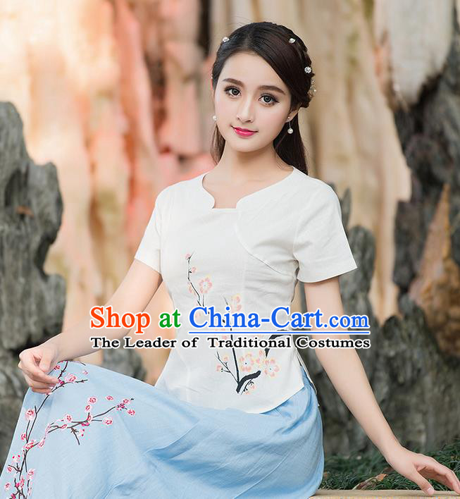 Traditional Chinese National Costume, Elegant Hanfu Embroidered Peach Blossom Flowers White T-Shirt, China Tang Suit Blouse Cheongsam Qipao Shirts Clothing for Women