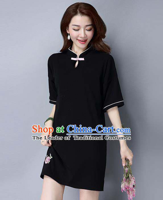 Traditional Ancient Chinese National Costume, Elegant Hanfu Mandarin Collar Qipao Embroidered Black Dress, China Tang Suit Cheongsam Upper Outer Garment Elegant Dress Clothing for Women