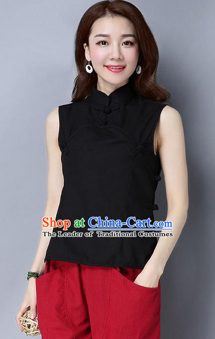 Traditional Ancient Chinese National Costume, Elegant Hanfu Plated Buttons Vest Shirt, China Tang Suit Mandarin Collar Black Blouse Cheongsam Qipao Shirts Clothing for Women