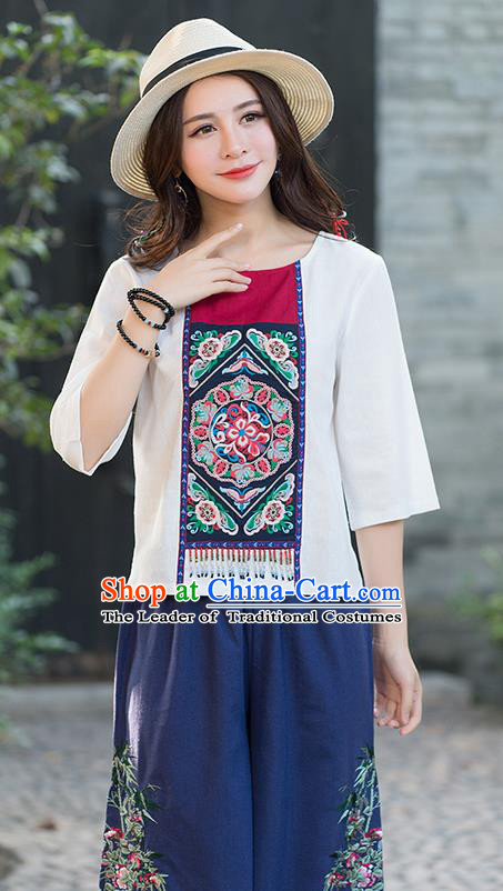 Traditional Chinese National Costume, Elegant Hanfu Round Collar White T-Shirt, China Ethnic Minority Tang Suit Blouse Cheongsam Qipao Shirts Clothing for Women