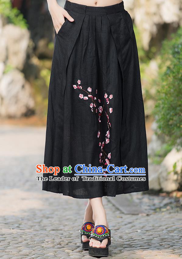 Traditional Ancient Chinese National Costume Pleated Skirt, Elegant Hanfu Embroidered Plum Blossom Linen Black Dress, China Tang Suit Bust Skirt for Women