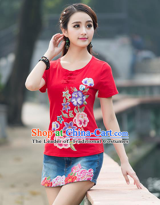 Traditional Chinese National Costume, Elegant Hanfu Embroidery Plate Buttons Red T-Shirt, China Tang Suit Blouse Cheongsam Upper Outer Garment Qipao Shirts Clothing for Women