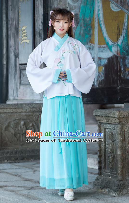 Traditional Chinese Ancient Costume, Elegant Hanfu Clothing Embroidered Wide Sleeve Blouse and Dress, China Ming Dynasty Elegant Blue Blouse and Skirt Complete Set for Women