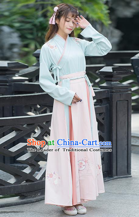 Traditional Chinese Ancient Costume, Elegant Hanfu Clothing Embroidered Slant Opening Blouse and Dress, China Ming Dynasty Elegant Blouse and Skirt Complete Set for Women