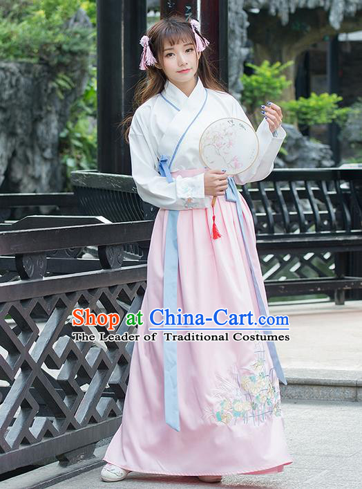 Traditional Ancient Chinese Costume, Elegant Hanfu Clothing Embroidered Slant Opening Blouse and Dress, China Ming Dynasty Elegant Blouse and Pink Ru Skirt Complete Set for Women