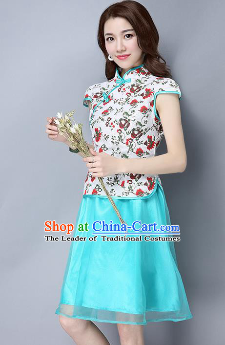 Traditional Ancient Chinese National Costume, Elegant Hanfu Mandarin Qipao Organza Blue Dress, China Tang Suit Cheongsam Upper Outer Garment Elegant Dress Clothing for Women