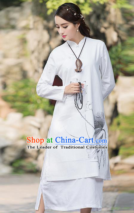 Traditional Ancient Chinese National Costume, Elegant Hanfu Mandarin Qipao Linen Ink Painting Lotus Double-deck Dress, China Tang Suit Cheongsam Upper Outer Garment Elegant Dress Clothing for Women