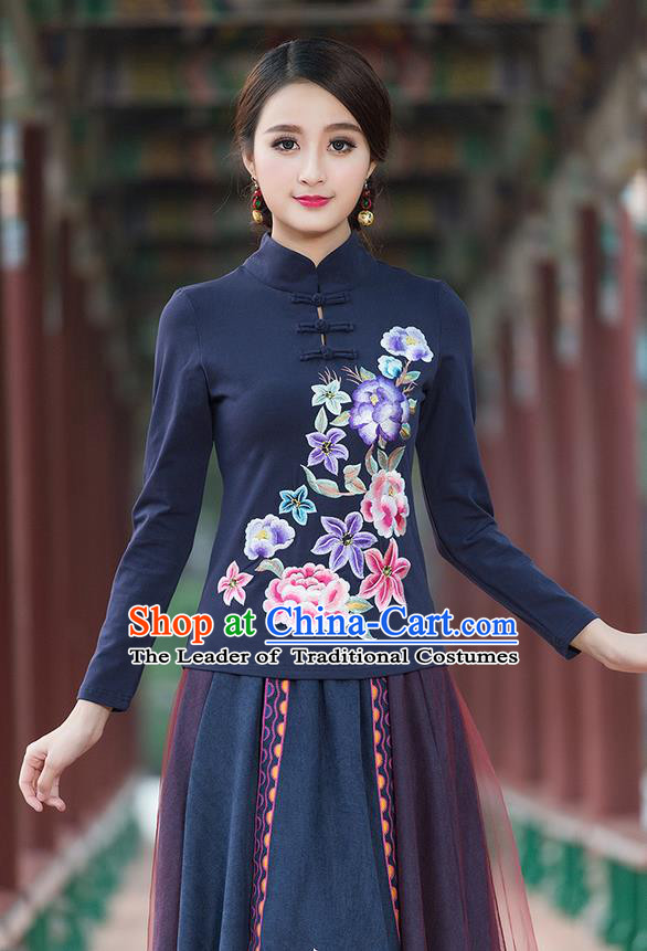 Traditional Chinese National Costume, Elegant Hanfu Embroidery Flowers Stand Collar Navy T-Shirt, China Tang Suit Plated Buttons Blouse Cheongsam Upper Outer Garment Qipao Shirts Clothing for Women