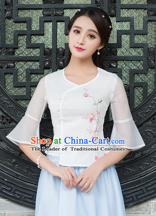 Traditional Ancient Chinese National Costume, Elegant Hanfu Chiffon Mandarin Sleeve Embroidered Shirt, China Tang Suit Blouse Cheongsam Qipao Shirts Clothing for Women