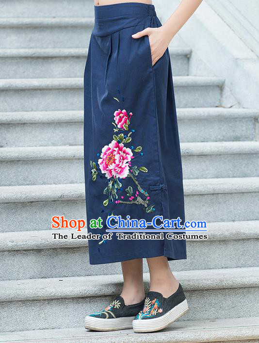 Traditional Ancient Chinese National Pleated Skirt Costume, Elegant Hanfu Embroidered Peony Linen Navy Half Dress, China Tang Suit Bust Skirt for Women