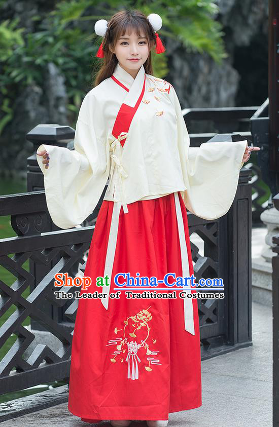 Traditional Ancient Chinese Costume, Elegant Hanfu Clothing Embroidered Ginkgo Leaf Sleeve Placket Blouse and Dress, China Ming Dynasty Elegant Blouse and Red Ru Skirt Complete Set for Women