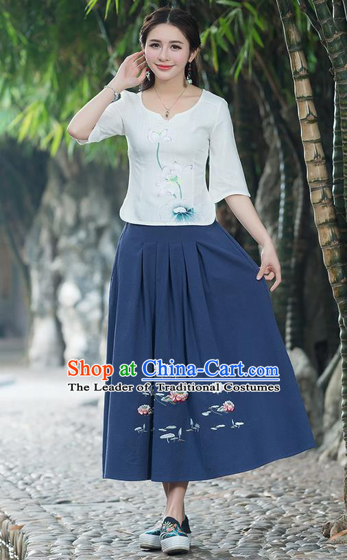 Traditional Ancient Chinese National Pleated Skirt Costume, Elegant Hanfu Embroidered Linen Long Navy Dress, China Tang Suit Big Swing Bust Skirt for Women