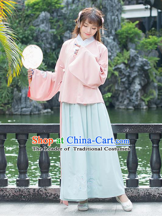 Traditional Ancient Chinese Costume, Elegant Hanfu Clothing Embroidered Sleeve Placket Pink Blouse and Dress, China Ming Dynasty Elegant Slant Opening Blouse and Skirt Complete Set for Women