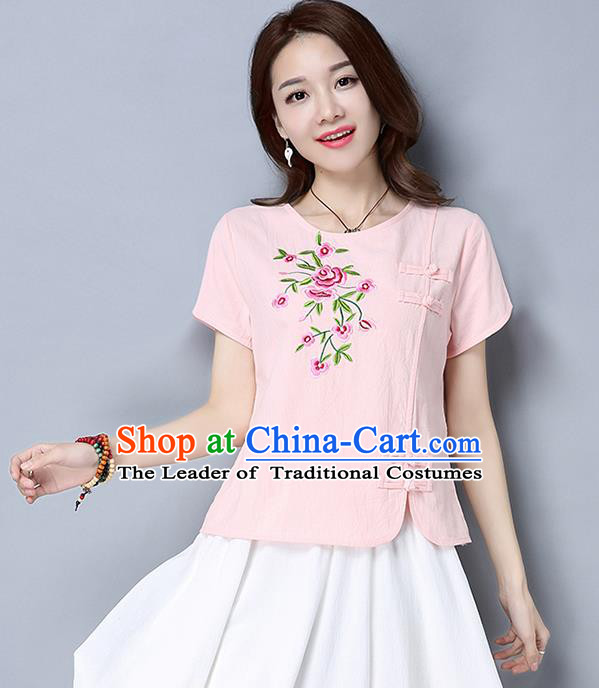 Traditional Chinese National Costume, Elegant Hanfu Embroidery Flowers Slant Opening Pink T-Shirt, China Tang Suit Republic of China Plated Buttons Blouse Cheongsam Upper Outer Garment Qipao Shirts Clothing for Women