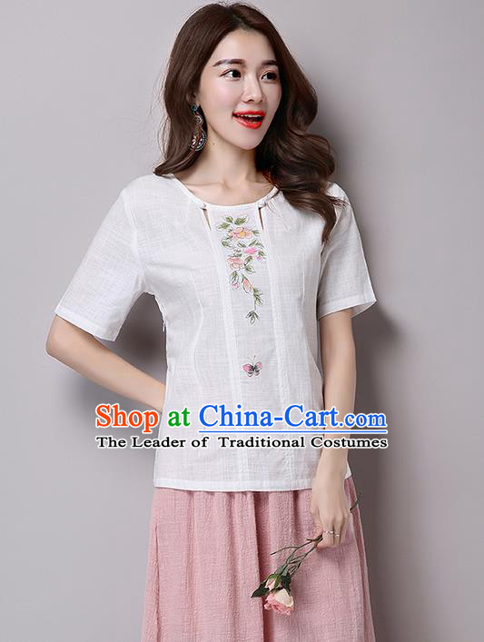 Traditional Chinese National Costume, Elegant Hanfu Embroidery Flowers T-Shirt, China Tang Suit Republic of China Blouse Cheongsam Upper Outer Garment Qipao Shirts Clothing for Women