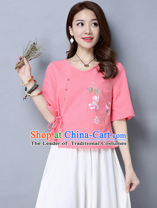 Traditional Chinese National Costume, Elegant Hanfu Embroidery Pink T-Shirt, China Tang Suit Republic of China Plated Buttons Blouse Cheongsam Upper Outer Garment Qipao Shirts Clothing for Women