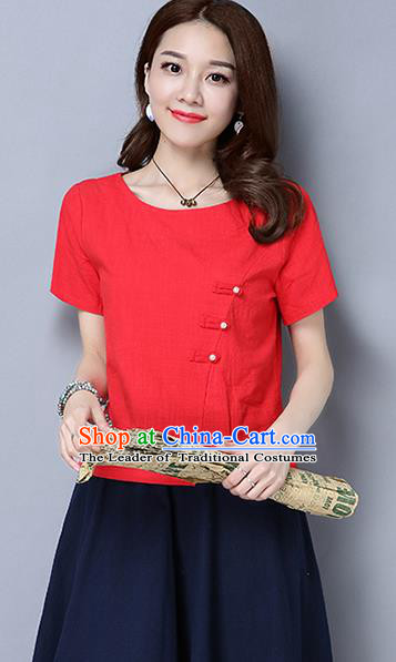Traditional Chinese National Costume, Elegant Hanfu Slant Opening Red T-Shirt, China Tang Suit Republic of China Plated Buttons Blouse Cheongsam Upper Outer Garment Qipao Shirts Clothing for Women
