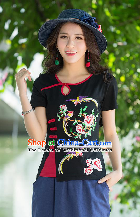 Traditional Chinese National Costume, Elegant Hanfu Embroidery Flowers Birds Black T-Shirt, China Tang Suit Republic of China Plated Buttons Blouse Cheongsam Upper Outer Garment Qipao Shirts Clothing for Women