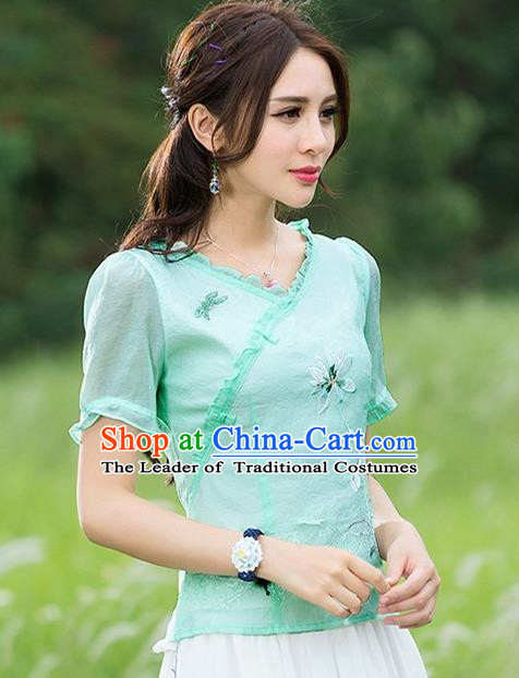 Traditional Chinese National Costume, Elegant Hanfu Embroidery Flowers Blue T-Shirt, China Tang Suit Republic of China Short Sleeve Blouse Cheongsam Upper Outer Garment Qipao Shirts Clothing for Women