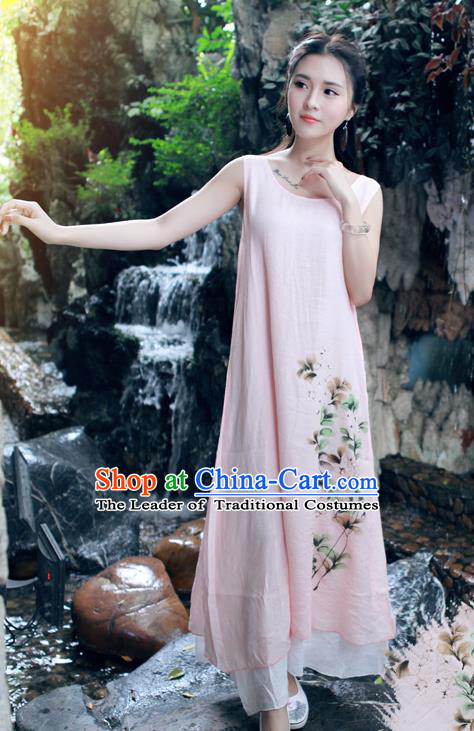 Traditional Ancient Chinese National Costume, Elegant Hanfu Painting Flowers Pink Long Dress, China Tang Suit Chirpaur Republic of China Cheongsam Upper Outer Garment Elegant Dress Clothing for Women