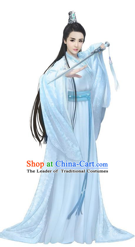 Traditional Ancient Chinese Elegant Female Swordsman Costume, Chinese Han Dynasty Imperial Princess Fairy Dress, Cosplay Chinese Peri Nobility Hanfu Trailing Clothing for Women