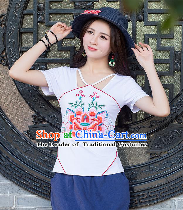 Traditional Chinese National Costume, Elegant Hanfu Embroidery Flowers Condole Belt Chinese-Style Chest Covering White T-Shirt, China Tang Suit Republic of China Plated Buttons Blouse Cheongsam Upper Outer Garment Qipao Shirts Clothing for Women