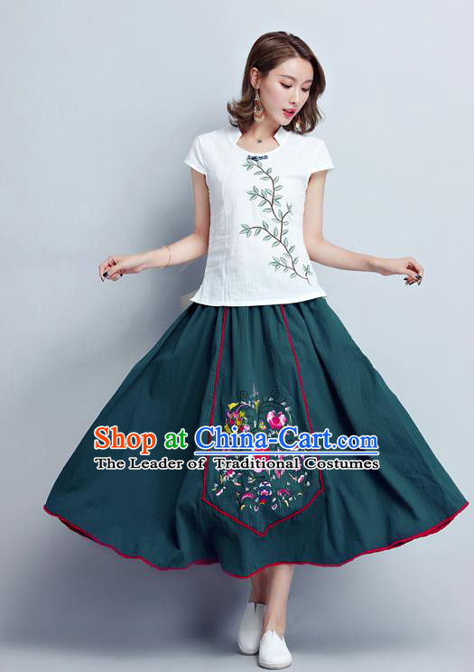 Traditional Ancient Chinese National Pleated Skirt Costume, Elegant Hanfu Embroidery Long Green Dress, China Tang Dynasty Bust Skirt for Women