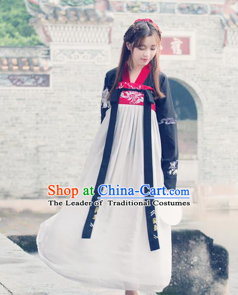 Traditional Ancient Chinese Costume, Elegant Hanfu Clothing Embroidered Black Blouse and Dress, China Tang Dynasty Princess Elegant Blouse and Skirt Complete Set for Women