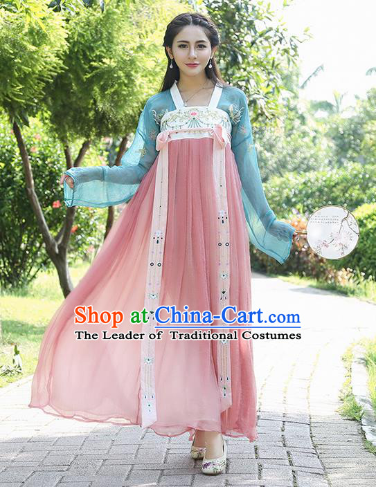 Traditional Ancient Chinese Costume, Elegant Hanfu Clothing Embroidered Blue Blouse and Dress, China Tang Dynasty Princess Elegant Blouse and Skirt Complete Set for Women