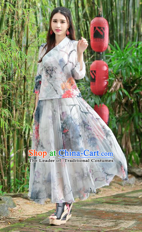 Traditional Ancient Chinese National Pleated Skirt Costume, Elegant Hanfu Silk Printing Big Swing Long Dress, China Tang Dynasty Bust Skirt for Women