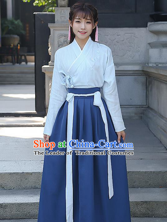 Traditional Ancient Chinese Costume, Elegant Hanfu Clothing Embroidered Slant Opening Blouse and Navy Dress, China Ming Dynasty Princess Elegant Blouse and Ru Skirt Complete Set for Women