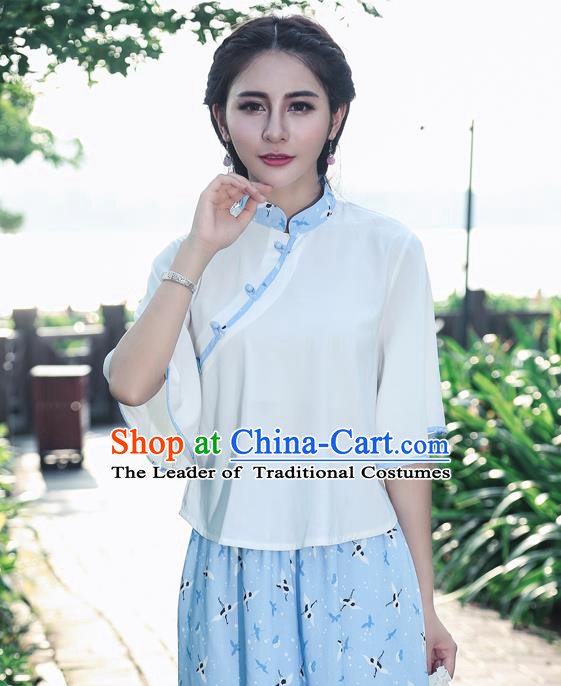 Traditional Chinese National Costume, Elegant Hanfu Slant Opening White T-Shirt, China Tang Suit Republic of China Plated Buttons Blouse Cheongsam Upper Outer Garment Qipao Shirts Clothing for Women