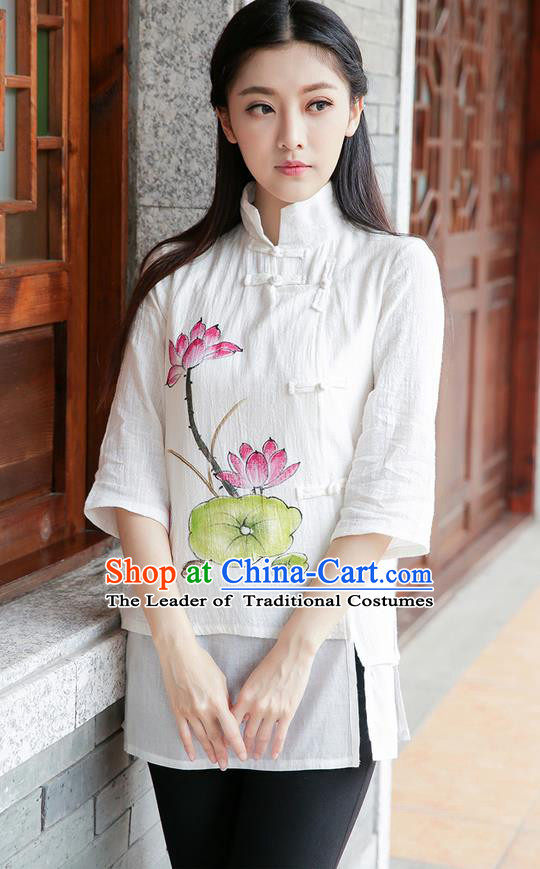 Traditional Chinese National Costume, Elegant Hanfu Painting Lotus Stand Collar White Shirt, China Tang Suit Republic of China Plated Buttons Blouse Cheongsam Upper Outer Garment Qipao Shirts Clothing for Women