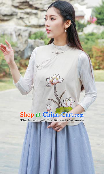 Traditional Chinese National Costume, Elegant Hanfu Painting Lotus Stand Collar Beige Vest Shirt, China Tang Suit Republic of China Plated Buttons Blouse Cheongsam Upper Outer Garment Qipao Waistcoat Clothing for Women